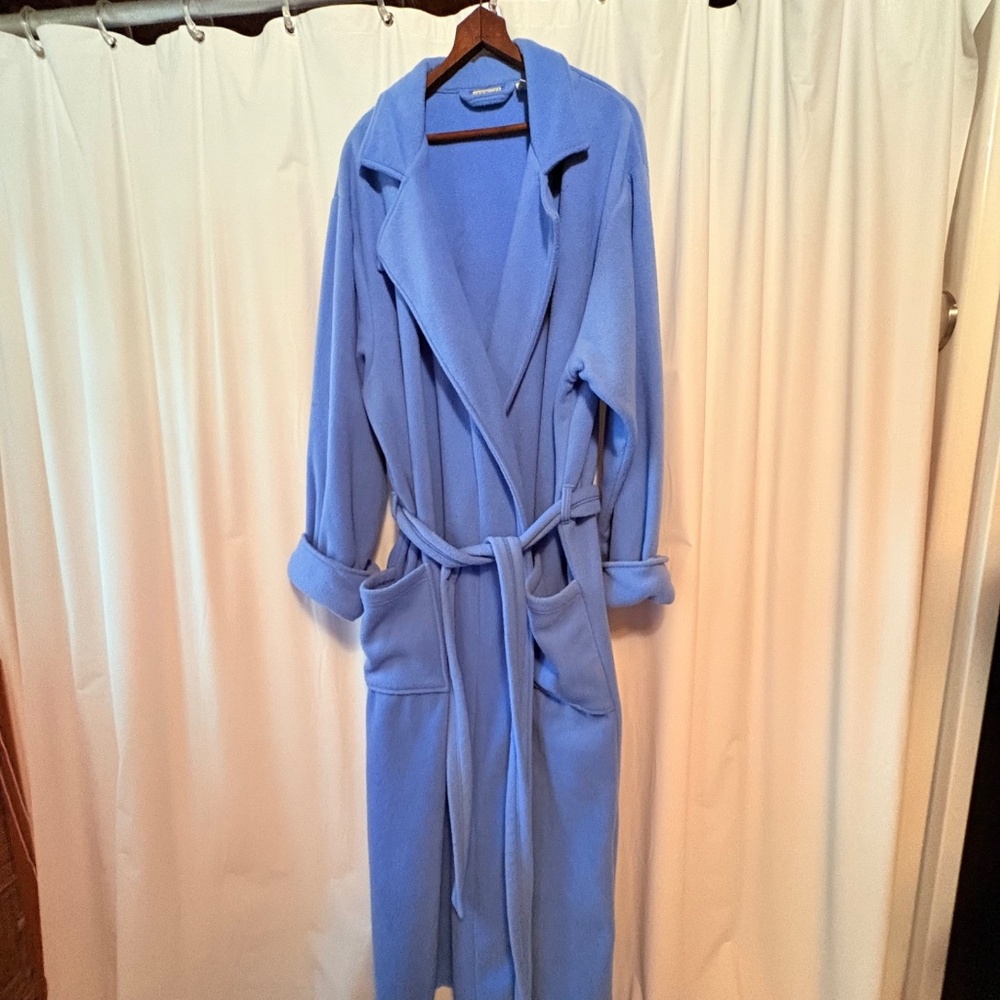 LL Bean Long Blue Fleece Robe Open Front Button Neck Tie Belt Pockets Women 3X M